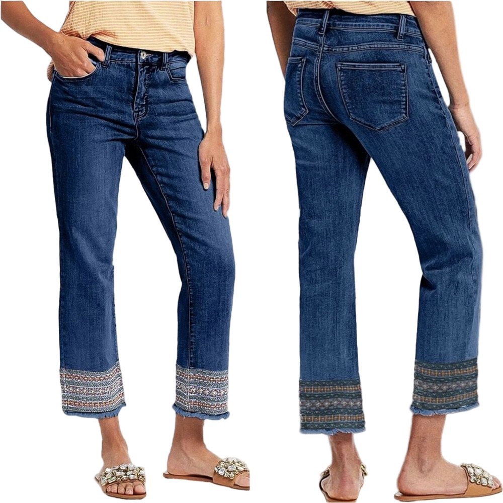 Embroidered Hem Cropped Jeans - Blue